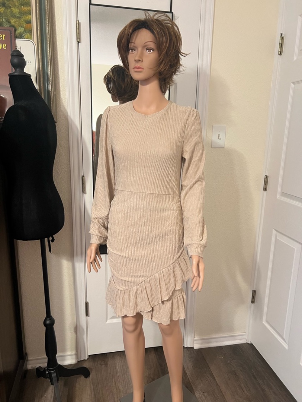 Cream Long-Sleeve Ruffle-Hem Dress